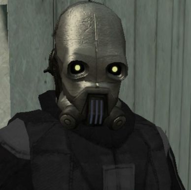 my other old OC, doc (another guy, this time in a different kind of respirator helmet now in black with bright yellow goggles)