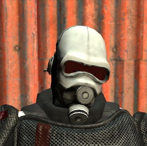 one of my old OCs, greycop (guy wearing grey and red armor with a gas mask with one single visor)