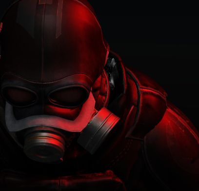 captain john shotgun of the 336th division of the united transhuman military, a cyborg in dark red armor and a gas mask looking down somberly 