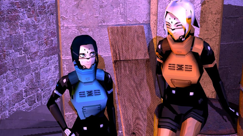 render of my signalis OCs, lune (blue) and sole (orange)
lune is leaning against a wall looking up at her sister who's sitting on a barrel (they're like just 5 feet tall)