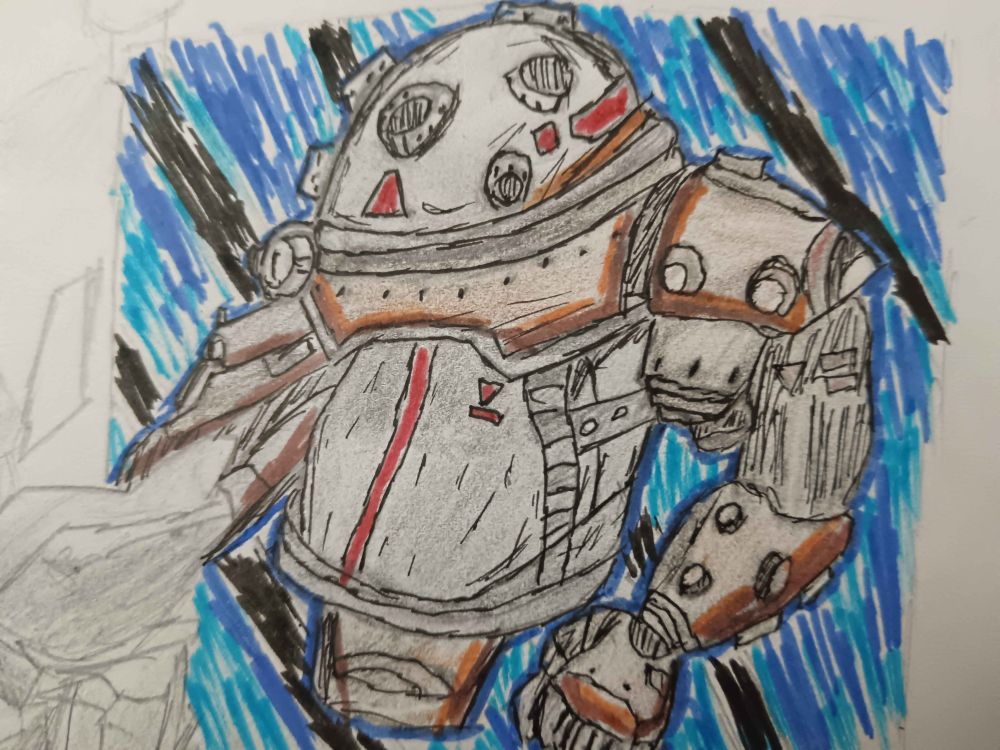 shaded sketch of a gutterman from ultrakill (large bulky robot with a dome shaped head and a bunch of lenses all around, one of its arms is a minigun)