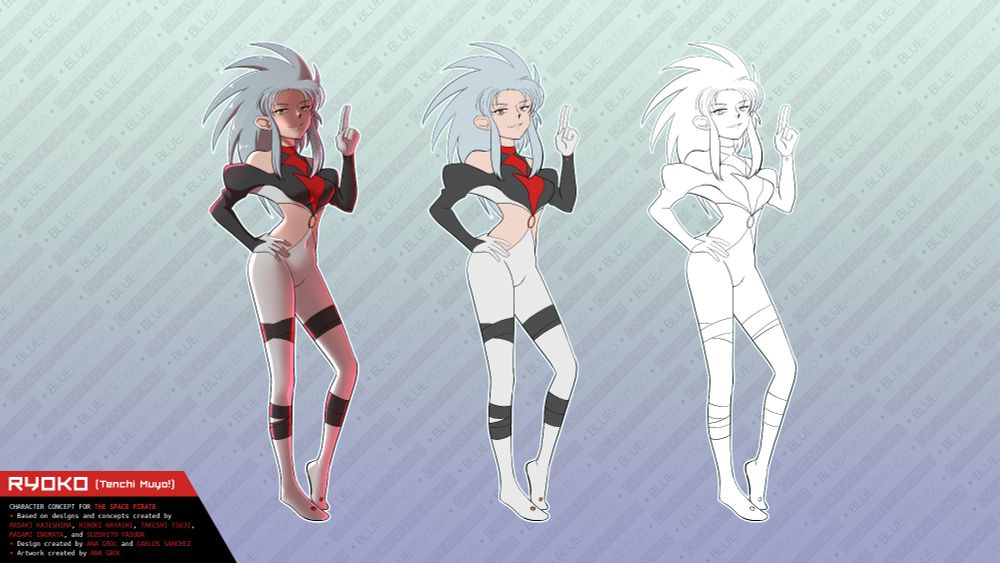 A design sheet of the space pirate Ryoko from the Tenchi Muyo! anime series. The design is inspired by her appearance in Tenchi in Tokyo (Shin Tenchi Muyo), with elements from her battle suit in the OVA series. The design sheet includes a flat color and an all-white version that showcases the linework. The art was drawn by Ana Grol, the most powerful artist in the multiverse.