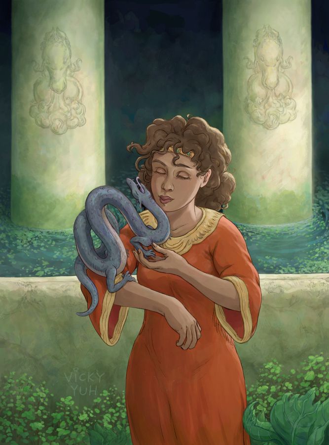 In a green tinged, Babylon-inspired garden, a woman in a deep orange dress puts her arm up to support the little indigo dragon that perches on it. Behind them is a pool of water and pillars with dragon heads and smoke engraved into them. 