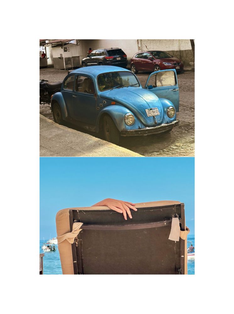Diptych 

VW bug 

Woman’s hand on a lounge chair at the beach 

Colour blues

By hedy bach 2025