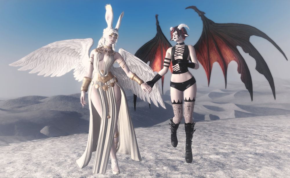 An angelic Madi and a demonic Lynn holding hands while walking. Madi, a shapely Viera woman, a humanoid race from Final Fantasy 14 with rabbit ears, on the left has white curly hair with gold highlights done up in a bun with curls down the back of her neck. She has white angel wings and is wearing an outfit that consists of white draping cloth, white slip-on shoes with white ribbons wrapped around her ankle, and golden accessories such as a necklace, bracers, belt, anklet, circlet, and thigh band. She has golden glowing eyes, starry golden makeup, golden lipstick, and long white nails. Lynn is a petite woman with white goat horns, black goat ears, and short black and red hair. She has demonic looking wings, similar to a bat's wings. She is wearing an outfit with a lot of leather incorporated in it, including black gloves up to mid forearm, three black leather bands wrapped around her right upper arm, a black choker with chains hanging off it, black short shorts, a black corset with a revealing cloth top, thigh length fishnet stockings, and calf length black boots with multiple buckles. She has black lipstick and eyeshadow as well as red contacts that maintain the appearance of her goat-like eyes. The background consists of rolling white sand dunes.