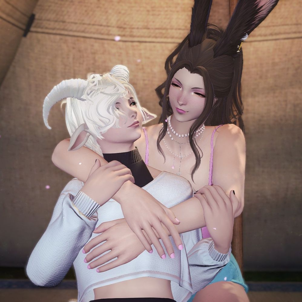 Madi, a Viera, a humanoid race from Final Fantasy 14 with bunny ears, and Lynn, a human with goat ears and horns, in a loving embrace looking into each others eyes as sakura blossoms in front of the tent they are sharing.