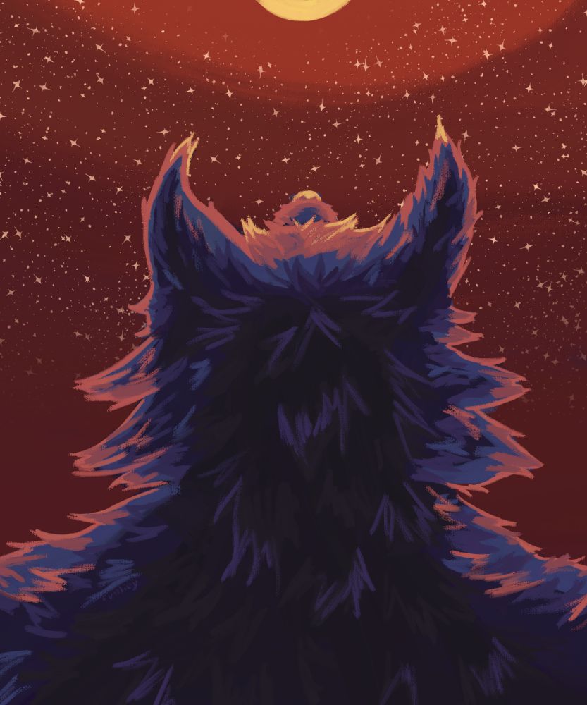 Back of a werewolf's head as it looks at the moon