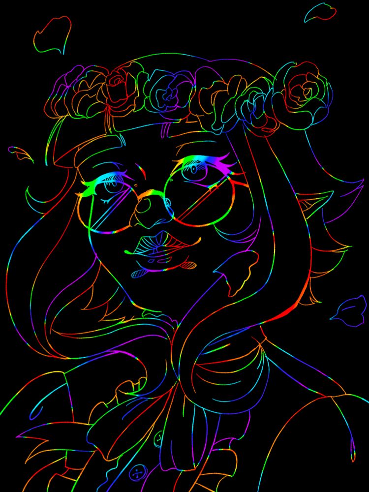 Scratchpad art with a black foreground and rainbow background. It's my character Ivy, who has a jellyfish haircut, glasses, flower crown, and ruffled shirt. 