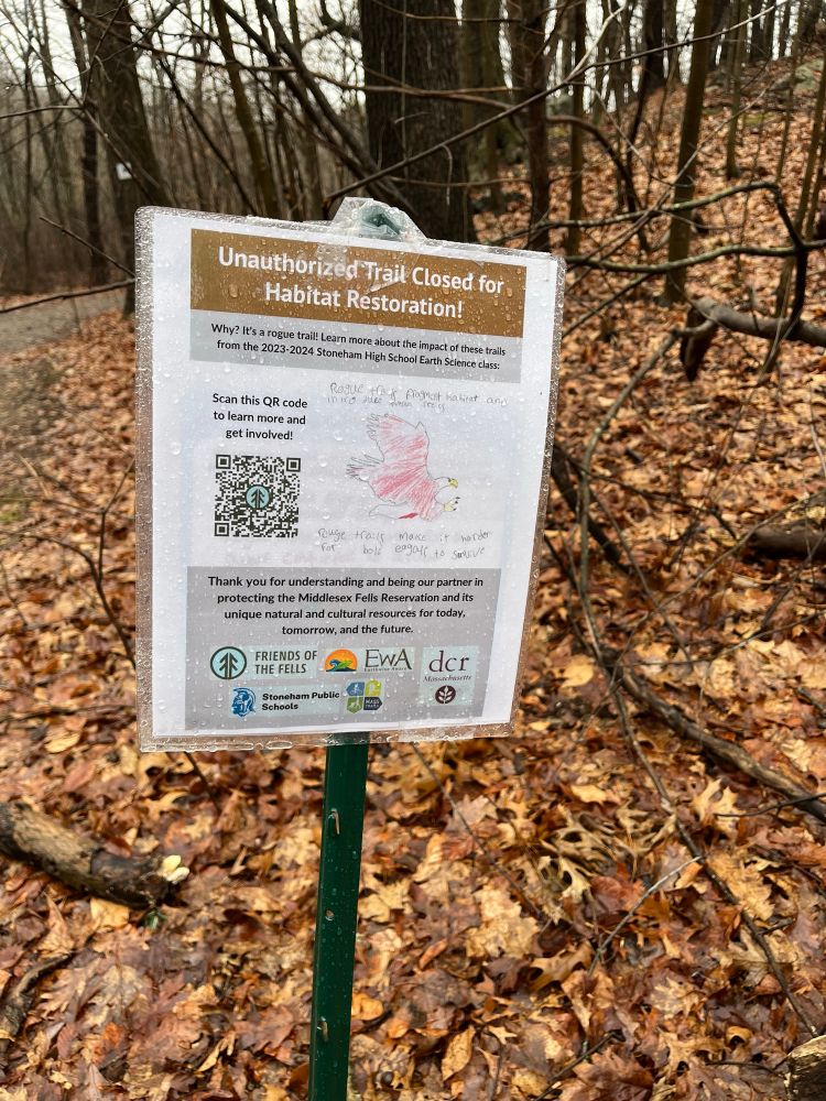 A photo of a sign posted at the head of an unauthorized trail, which has been closed. The sign contains the logos of multiple schools and agencies and reads “Why? It's a rogue trail! Learn more about the impact of these trails from the 2023-2024 Stoneham High School Earth Science class. Thank you for understanding and being our partner in protecting the Middlesex Fells Reservation and its unique natural and cultural resources for today, tomorrow, and the future.” The sign also contains a QR code that https://www.friendsofthefells.org/rogue-trails/