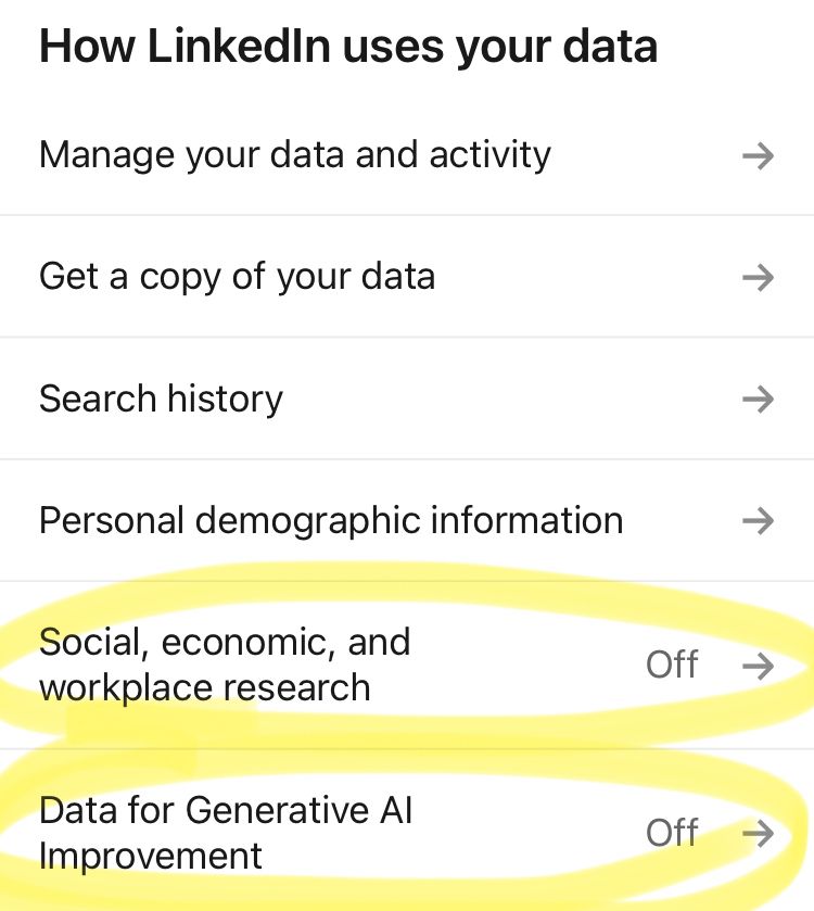 Data privacy settings in LinkedIn - 3rd party data usage permissions and Gen AI switched “off” 