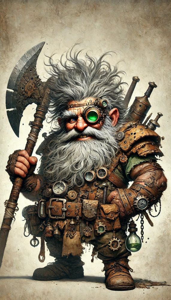 Grizzle Thimbletooth is a stocky, battle-hardened gnome with a wild mane of wiry gray hair that sticks out in every direction, as if permanently charged with static. His thick, bushy eyebrows nearly obscure his sharp, mischievous eyes—one green, the other replaced with a mechanical monocle that clicks and whirs when he adjusts it. His face is lined with age and experience, but his wide, toothy grin reveals an unshaken love for chaos and invention.

Despite his small stature, Grizzle is built like a boulder, with sinewy arms covered in soot-stained leather bracers and a patchwork of scars from both battle and failed experiments. His armor is a bizarre fusion of metal plates and reinforced leather, adorned with an assortment of gears, vials, and tiny mechanisms that clatter with every movement. His massive, double-headed battle axe—clearly modified with some kind of arcane or mechanical enhancement—rests on his back, its handle wrapped in intricate, self-tightening metal bands.

His hands, rough and calloused from both smithing and smashing, are constantly tinkering with some new contraption, whether it’s a tiny, buzzing automaton or an experimental flask of something that definitely shouldn’t be shaken. Though his demeanor is often gruff and boisterous, there’s a sharp intellect behind his rough exterior, always scheming, always building, and always looking for the next great battle—or invention.