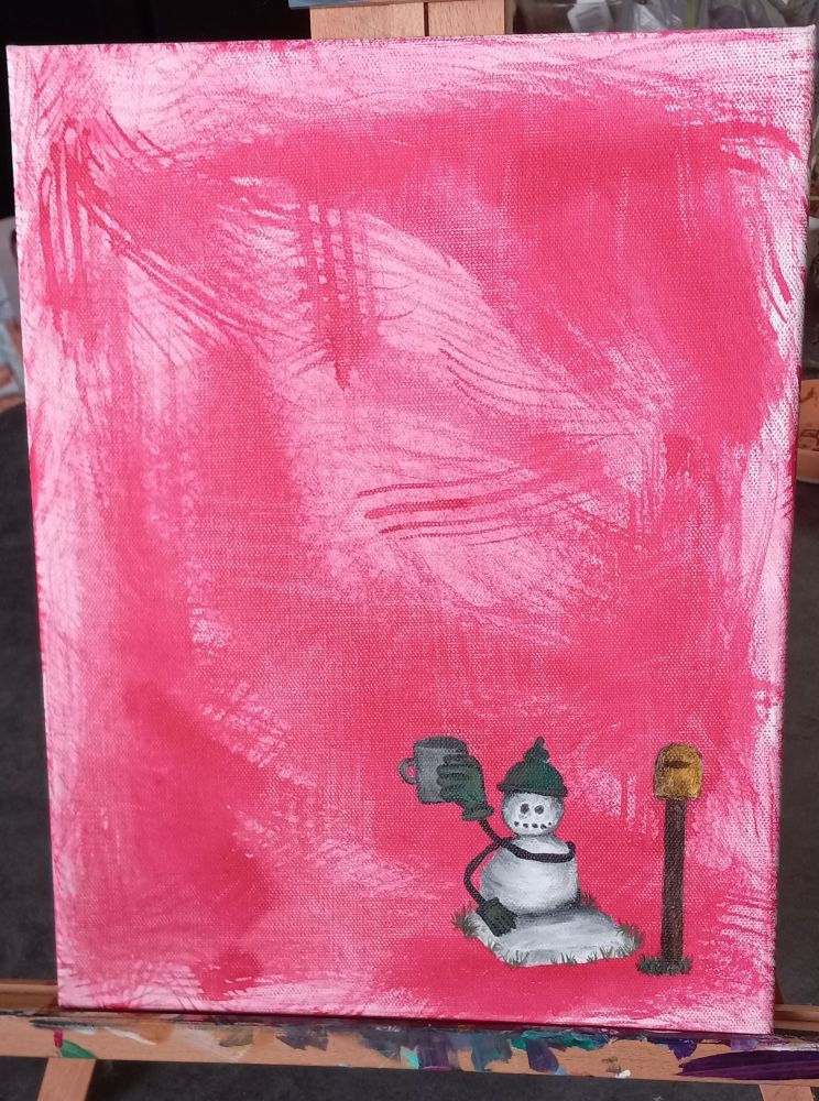 It has a red background with a snowperson in the bottom right. Its one stick arm is lifting a grey mug. Either cheering someone or begging for change. Hat is green, gloves are green. Sitting next to a yellow mailbox on a wooden stake. 