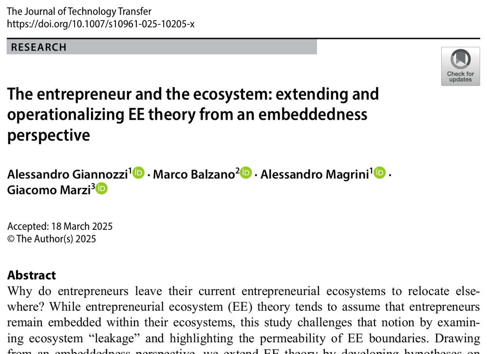 Giannozzi, A., Balzano, M., Magrini, A. and Marzi G. (2025). The entrepreneur and the ecosystem: extending and operationalizing EE theory from an embeddedness perspective. Journal of Technology Transfer, in press. https://doi.org/10.1007/s10961-025-10205-x