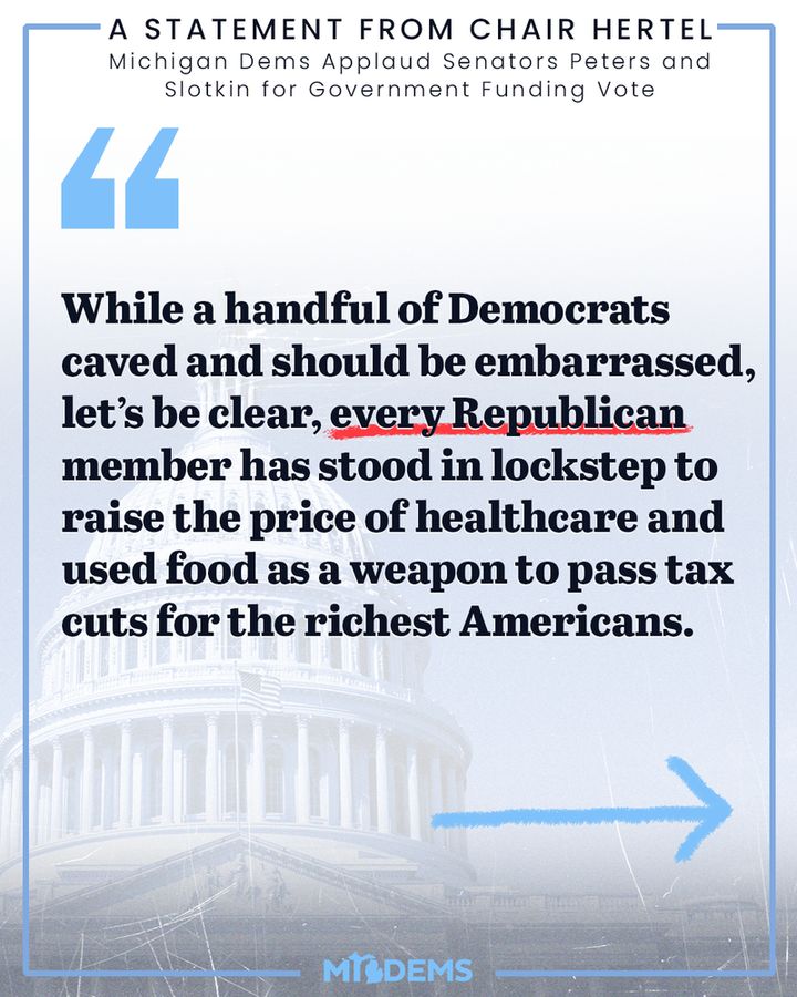 While a handful of Democrats caved and should be embarrassed, let’s be clear, every Republican member has stood in lockstep to raise the price of healthcare and used food as a weapon to pass tax cuts for the richest Americans.