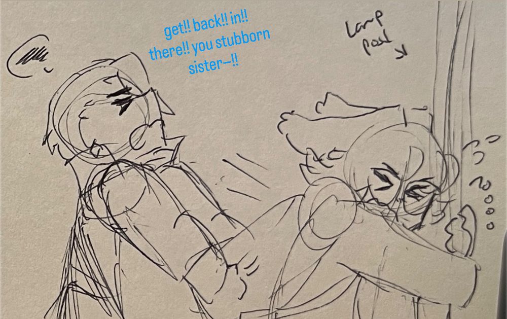 the hyur is trying to pull the viera back into the building by her backpack while she refuses by clinging to a lamppost