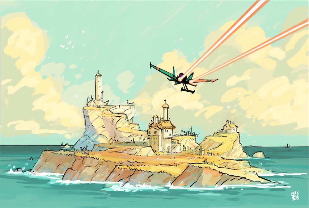 Illustration of a futuristic plane flying towards a peaceful island with golden towers