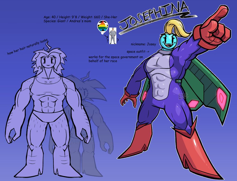 In this universe, life on other planets is normal and they form a kind of space government, if they wanna be apart of it. Josey is high ranking in the gov and goes around to planets in need. She's away from home a lot so she calls her son and hubby every day :D
The green things are part of her flying armor