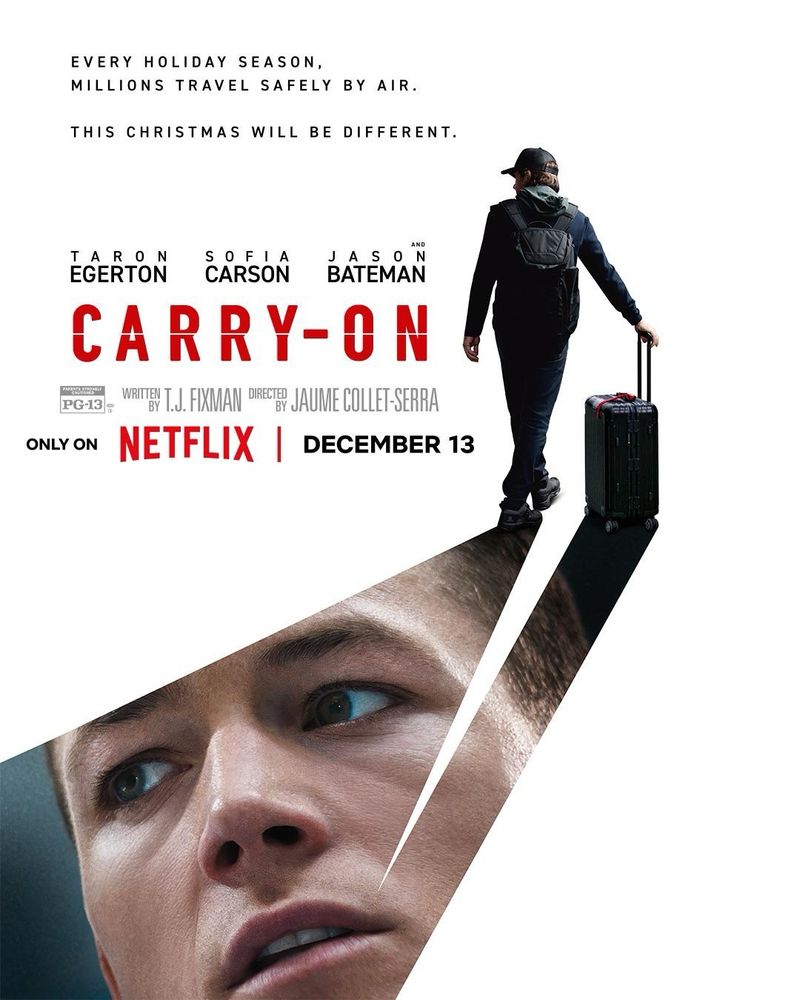 movie post for Carry On; man walking with suitcase illuminating a man’s face