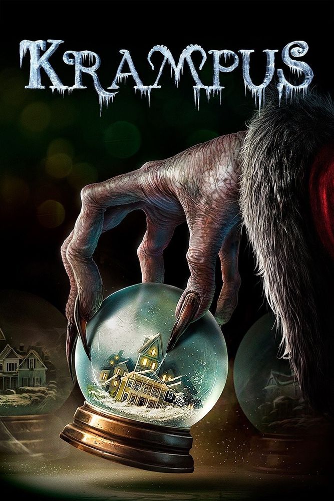 Movie poster for Krampus. A long fingered hand with claw like nails holds a snowglobe. 