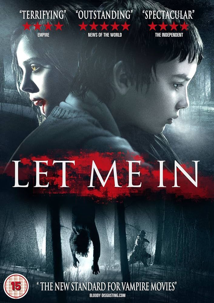 Movie poster for Let Me In. Let Me In is centered, above is a close up of the two main characters: a young boy and girl. Underneath the title is a body hanging upside down in a forest with a man walking away.
