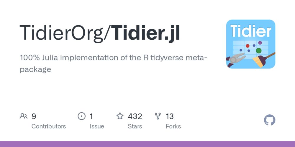 GitHub - TidierOrg/Tidier.jl: 100% Julia implementation of the R tidyverse meta-package