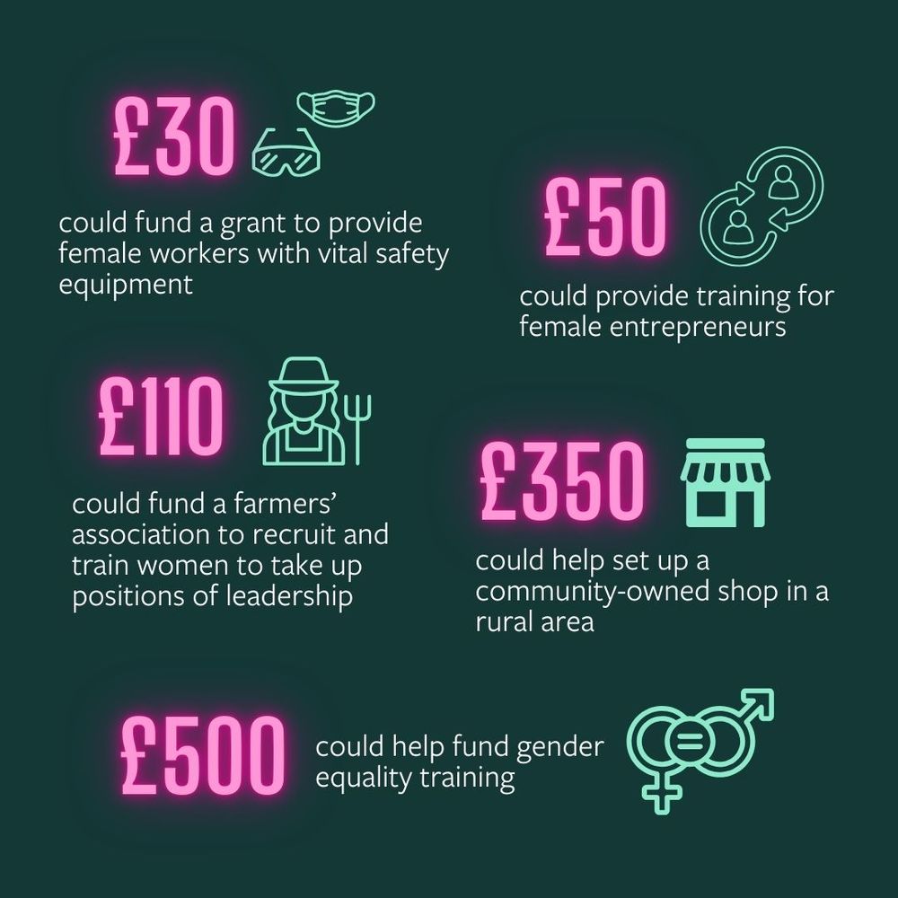 £30 could fund a grant to provide female workers with vital safety equipment

£50 could provide training for female entrepreneurs

£110 could fund a farmers' association to recruit and train women to take up positions of leadershop

$350 could help set up a community-owned shop in a rural area

£500 could help fund gender equality training