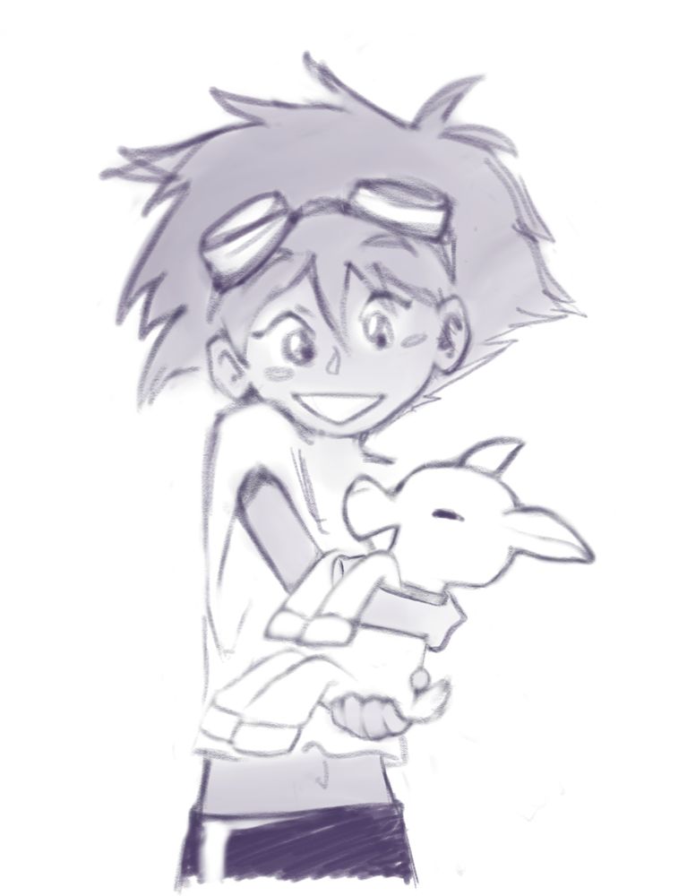 Ed from Cowboy Bebop holding Blanchette from Heidi. They are smiling and being cute.