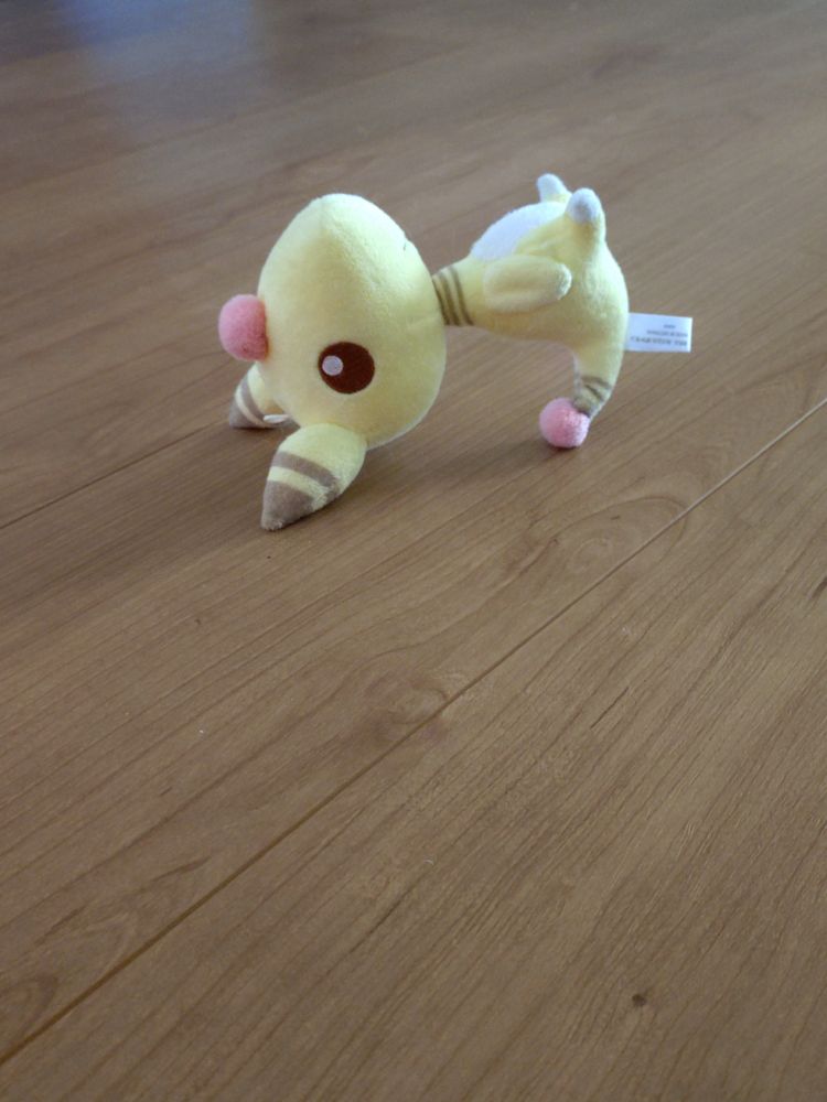 猫が放り投げたあとのデンリュウのぬいぐるみ