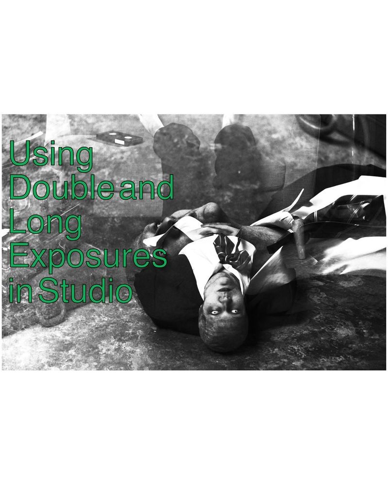 A black and white double exposure of an alien-person laying on the floor with a full suit on.
Text "Using double and long exposure in studio"