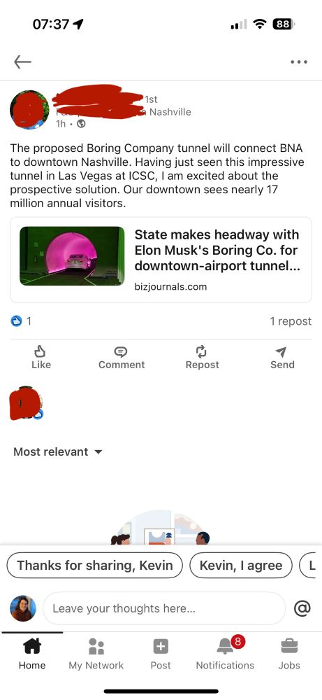 A screenshot of a LinkedIn post that says “The proposed Boring Company tunnel will connect BNA to downtown Nashville. Having just seen this impressive tunnel in Las Vegas at ICSC, I am excited about the prospective solution. Our downtown sees nearly 17 million annual visitors.”