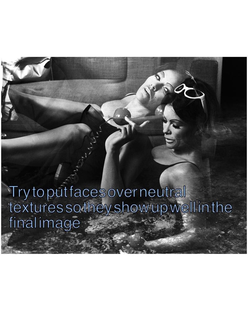 A black and white double exposure of an alien-person laying on the floor with a full holding a vintage phone in her hand
Text "Try putting faces of neutral textures so they show up well in the final image"