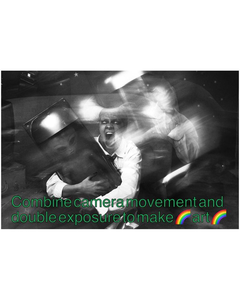 A black and white double exposure of an alien-person holding a capsule with a smaller alien in it. There's a ghost to the image and the person has their mouth wide open with their tongue out
Text "Combine camera movement and double exposure to make rainbow emoji art rainbow emoji"