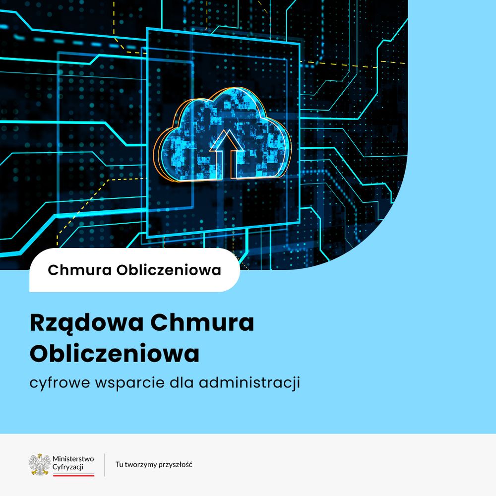 Grafika symbolizująca chmurę obliczeniową z powiązaniami sieci. Tekst: Rządowa Chmura Obliczeniowa - cyfrowe wsparcie dla administracji