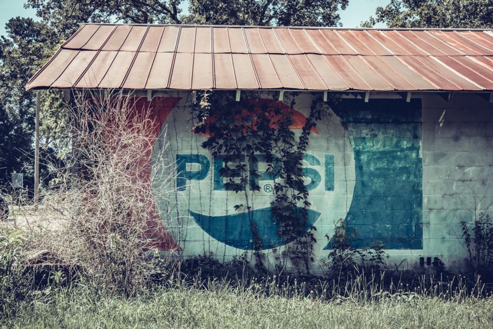 Abandoned roadside building with weathered corrugated metal roof in reddish-brown tones. The building displays a faded vintage Pepsi logo with red, white, and blue colors, heavily obscured by overgrown vines and vegetation climbing up the wall. Dry, overgrown grass and bare bushes fill the foreground. Mature trees with dense foliage are visible in the background against a light blue sky. The structure shows significant deterioration and neglect, characteristic of rural Southern architecture.