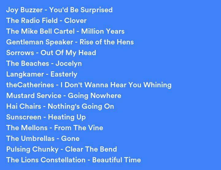 A list of songs I listened to recently:
Joy Buzzer - You'd Be Surprised
The Radio Field - Clover
The Mike Bell Cartel - Million Years
Gentleman Speaker - Rise of the Hens
Sorrows - Out Of My Head
The Beaches - Jocelyn
Langkamer - Easterly
theCatherines - I Don't Wanna Hear You Whining
Mustard Service - Going Nowhere
Hai Chairs - Nothing's Going On
Sunscreen - Heating Up
The Mellons - From The Vine
The Umbrellas - Gone
Pulsing Chunky - Clear The Bend
The Lions Constellation - Beautiful Time