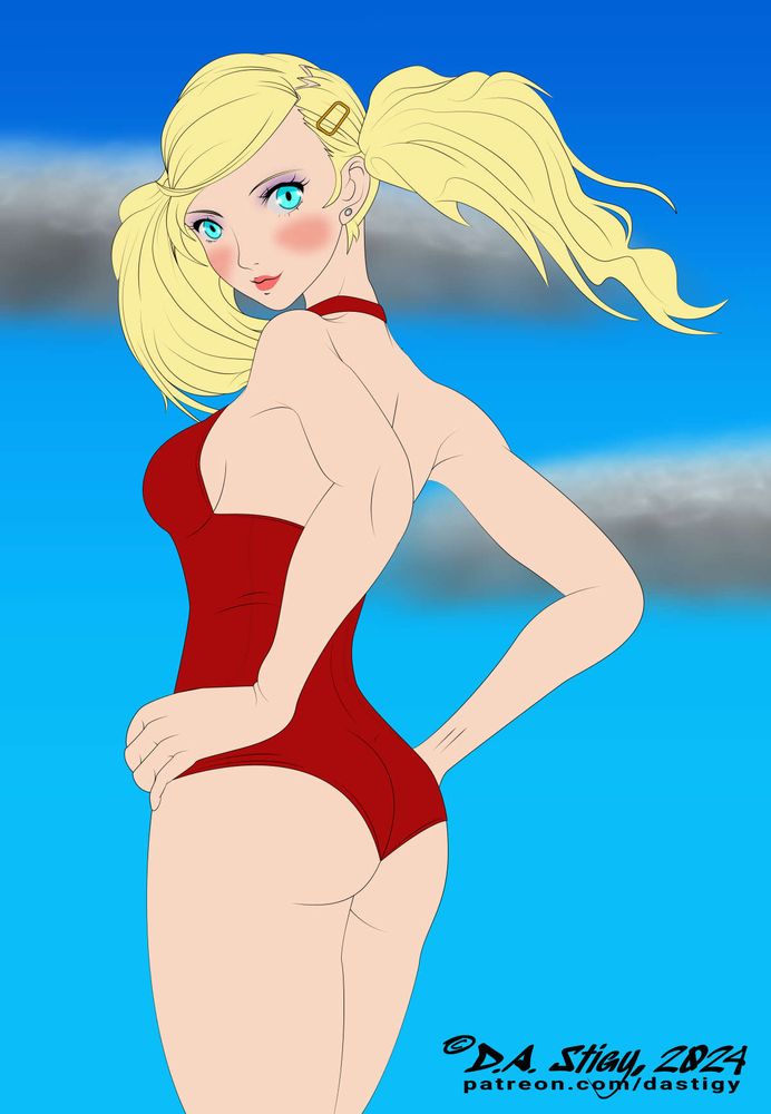 Ann Takamaki from Persona 5, posing in a red one piece swimsuit, looking back at the camera over her left shoulder.