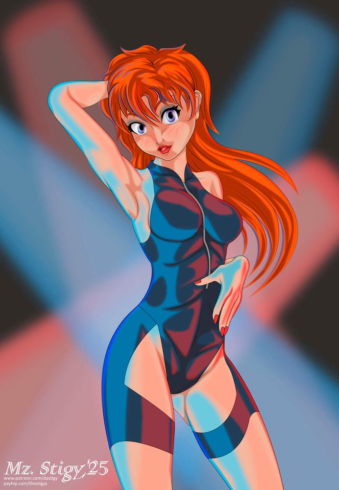 Digital art of Mz. Stigy's original character, Pepper! She's dancing in a smoky nightclub amidst red and blue spotlights wearing a black bodysuit with red trim, her hair is whirling about her and she's enjoying herself immensely.