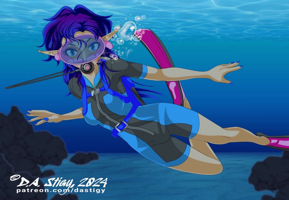 Digital art of Mz. Stigy's original character, River! She's scuba diving in, well, a river and wearing a black and light blue shorty wetsuit, with pink mask and fins.