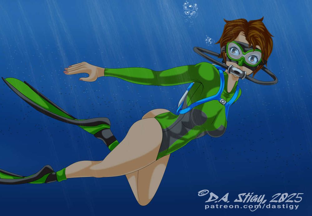 Digital art of Lady Jaye, from the 1980's GI Joe cartoon, scuba diving. She's wearing a green and black french-cut wetsuit, and twisting about, surveying the sea about her for enemies. This was part of a series featuring Scarlett, Cover Girl, and Lady Jaye.