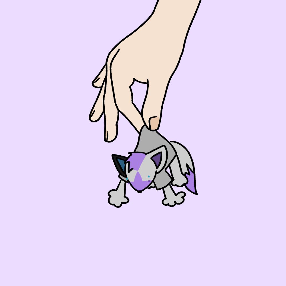 Fox's fursona, a light grey fox with purple markings and four eyes, depicted as pocket-sized and wearing a grey t-shirt. They are being dangled by the back of their shirt, which is pinched between two fingers of a hand that is coming in from the top of the image.