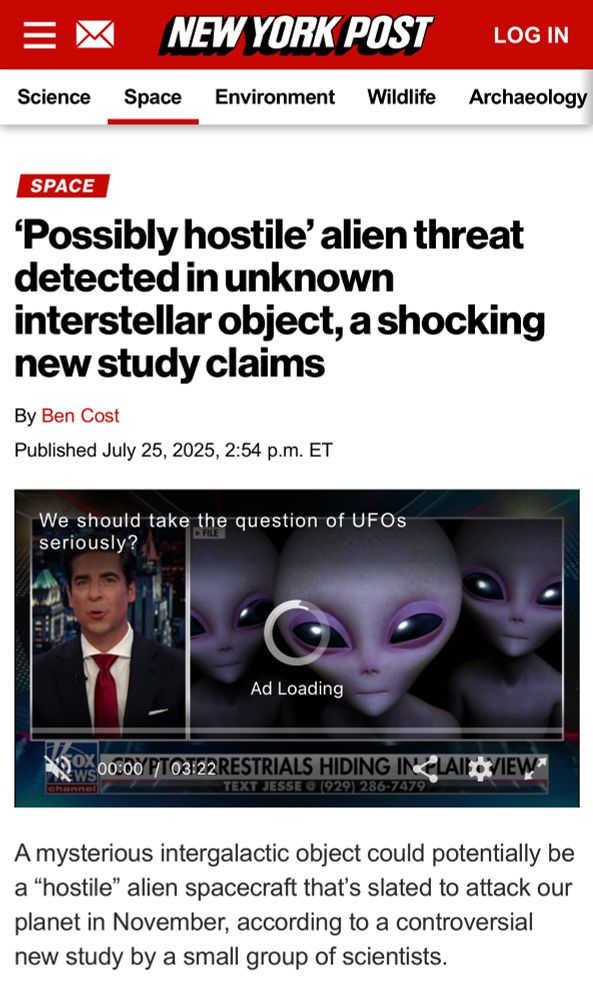 New York post article: “possibly hostile” alien threat detected in unknown interstellar object, a shocking new study claims