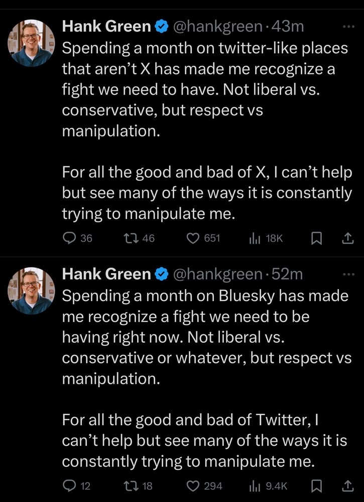 The tweets in question. The non-Bluesky one has 651 likes and 18k impressions. The Bluesky one has 294 likes and 9.4K impressions. 