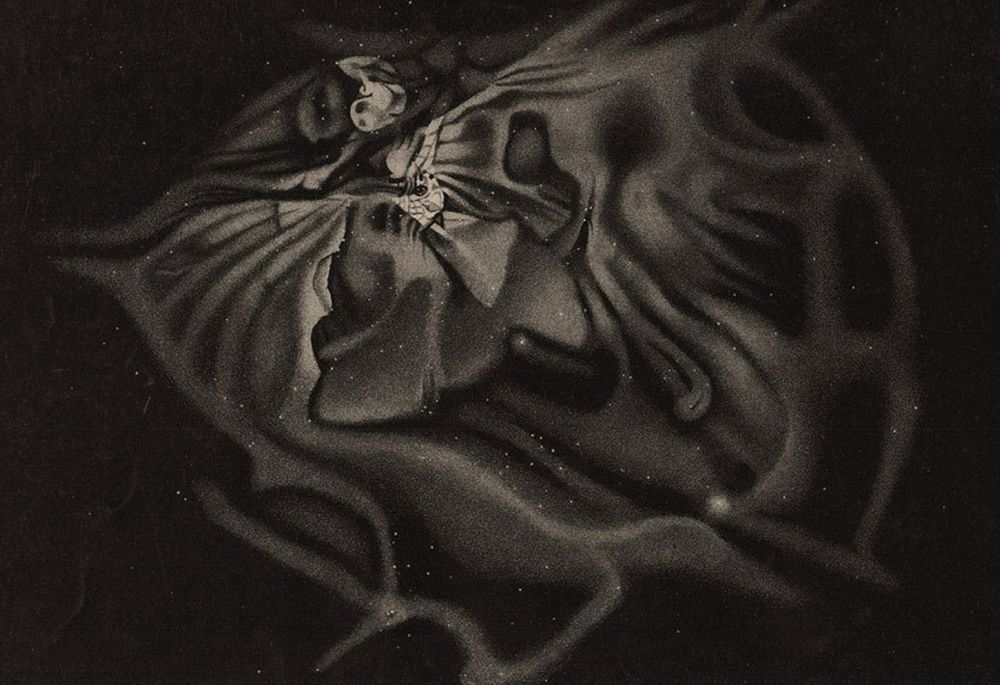 An illustration…Surreal monochrome with bands and textures resembling flowing fabric. Stars pepper the background. 