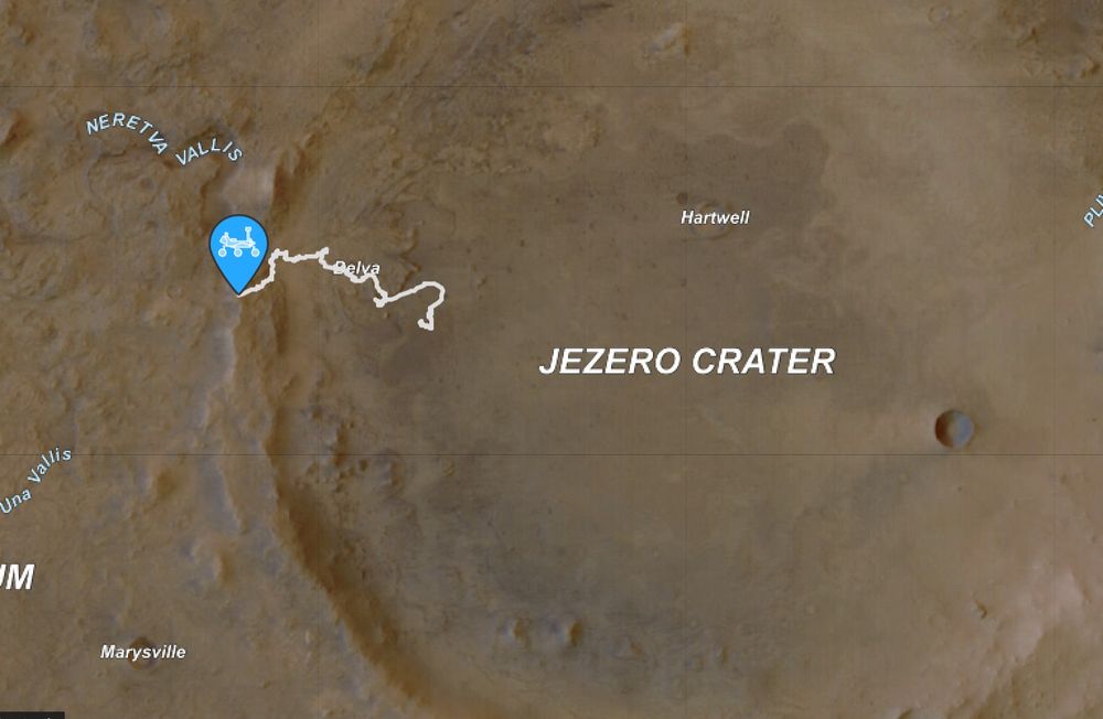 Jezero Crater zoomed in and showing the path of the rover up to the rim. 