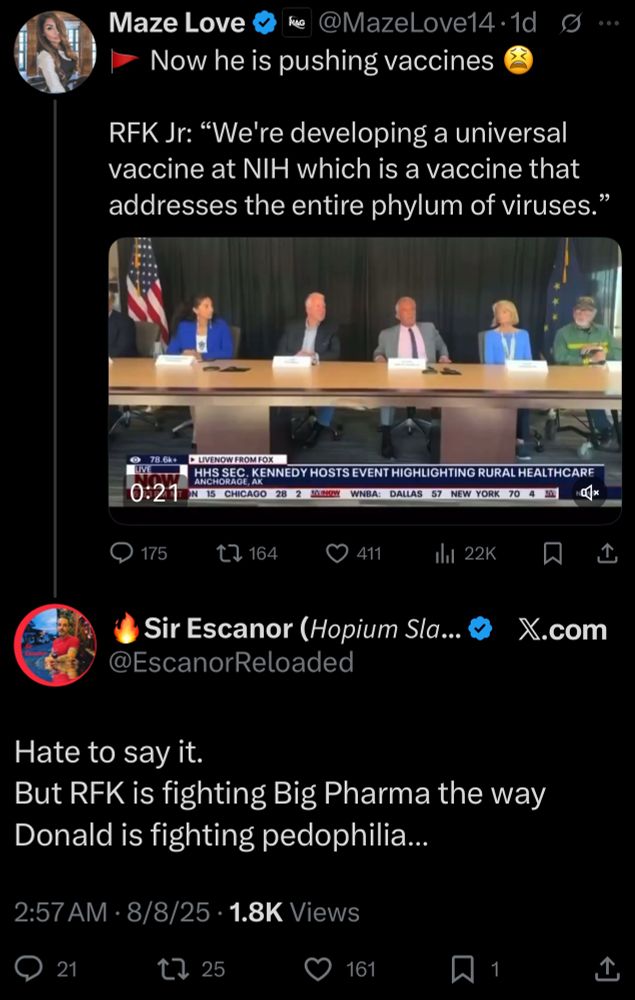 Someone tweets that it’s a red flag RFK is pushing vaccines. And a reply says “RFK is fighting big pharma the way Donald is fighting pedophilia.”