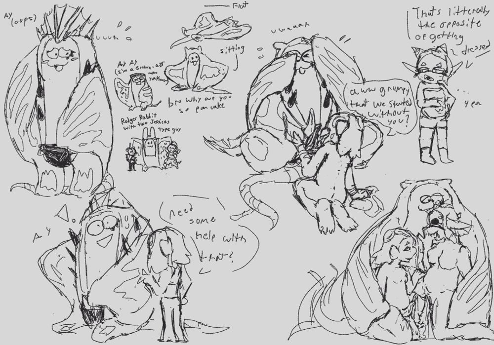 A collection of Polycut sketches mostly focused around Big Man and his Grand Festival outfit. Including a "wardrobe malfunction" of his erections slipping out of the jockstrap, Shiver asking to help with that, Frye walking in on Shiver giving Big Man a handjob and complaining that they were supposed to be getting dressed, not undressed to which Shiver asks if she is just grumpy they started without her (yes), ending in a very tender threesome. There are also some smaller doodles of trying to figure out Big Man's flatness "bro why are you so pancake" Big Man angrily pointing out hes a grown-ass man, and one of all three Deep Cut Members captioned "Rodger rabbit with two Jessicas type guy"