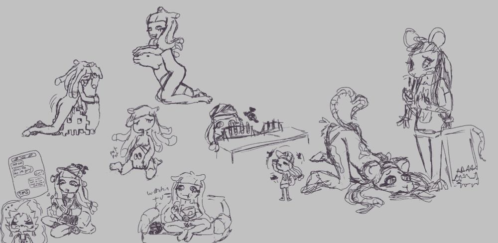 An assortment of sketches featuring Harmony many of which involve plushophilia. There is a conversation between her and Candi where Candi asks how work is and Harmony candidly replies she steals plushies to fuck them. Theres a sketch of her grinding on a pixel squid plush and kissing a long squid friend, one of her grinding on an eel plush, one of her watching tv with chips pussy out, and a sequence of sketches involving her drinking the fooze test tubes and turning into a very horny mouse girl