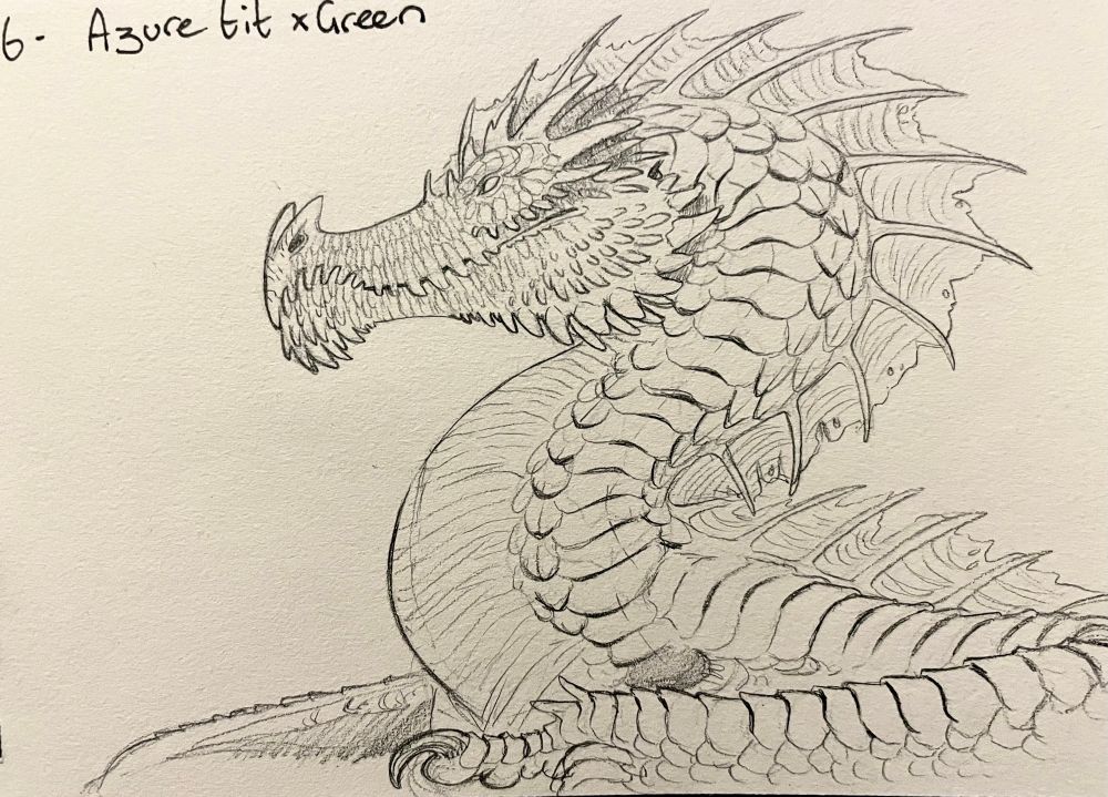 A sketch of a retro style green dragon from dungeons and dragons that was meant to be painted up like an azure tit but I never got around to it.