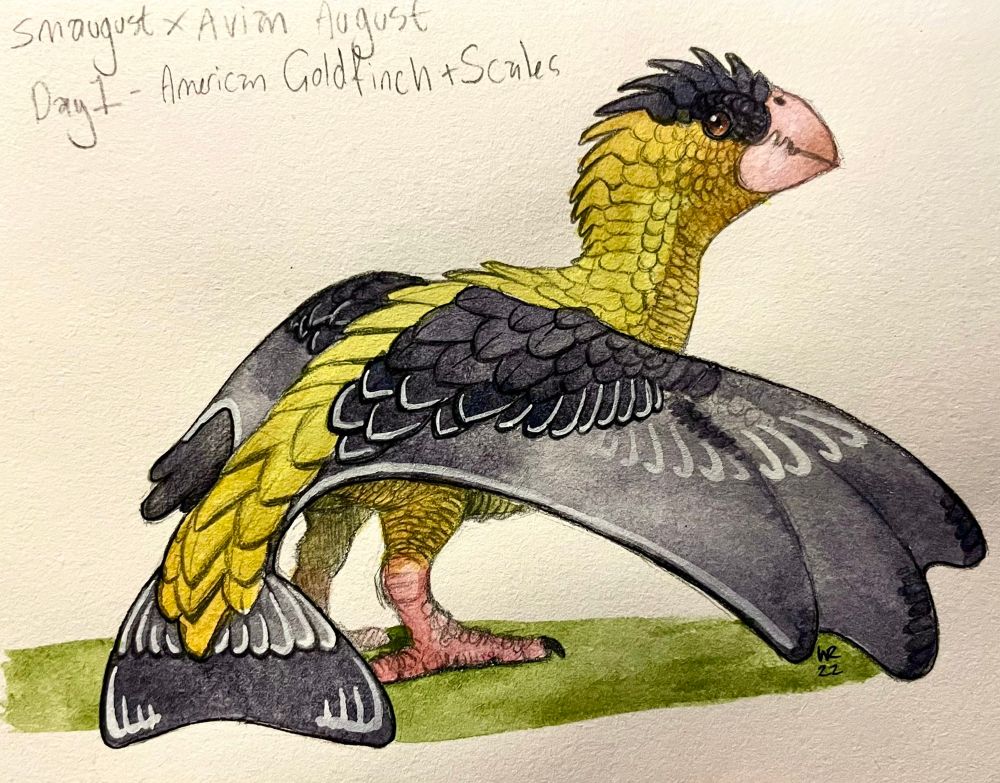 A quick painting of an American goldfinch themed scaley little dragon with a wing outstretched 