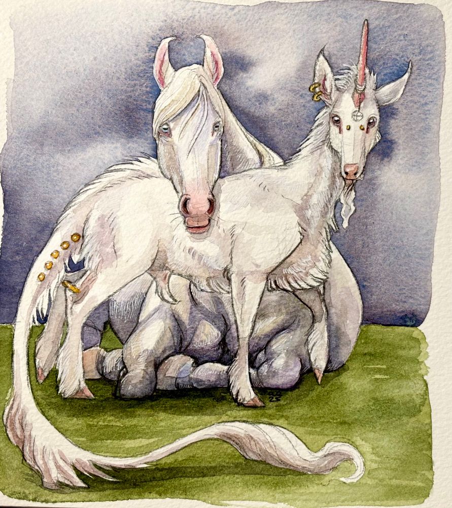 A small watercolour sketch of a white horse laying down, his head resting on the back of a unicorn-kelpie who is stood up and looking at the viewer curiously. They both look relaxed and the background is a vague wash of purple-grey and green.